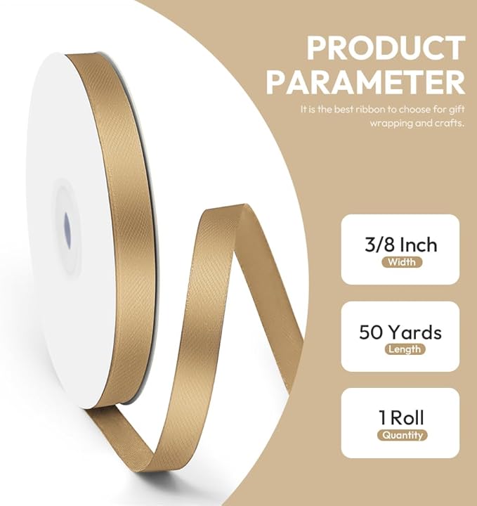 3/8" x 50 Yards Satin Ribbon - Champagne Gold Silk Ribbon with Spool - Ideal for Gift Wrapping, Floral Bouquets, Crafts, Wedding Party Decorations, Christmas and Sewing Projects