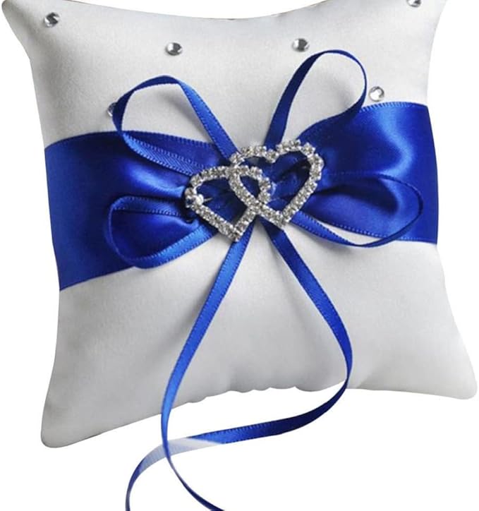 The Crafty Owl 2 Heart Rhinestones Ivory/White/Blue Trimming/Red Trimming Satin Large Wedding Ring Bearer Pillow and Basket Set (White with Blue Trimming)