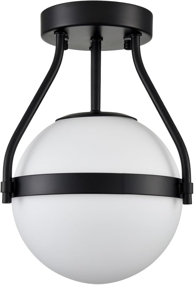 HOLKIRT Modern Globe Semi Flush Mount Ceiling Light,Black Ceiling Light Fixture with Opal Glass 7Inch/18CM,Mid Century Kitchen Light Fixtures Hallway Light Fixtures Ceiling for Bedroom Kitchen