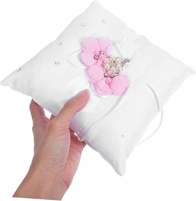 Floral Wedding Ring Bearer Pillow 20x20cm - Satin with Ribbon & Faux Pearls, Elegant Ceremony Decor for Bride and Flower Girl Accessories