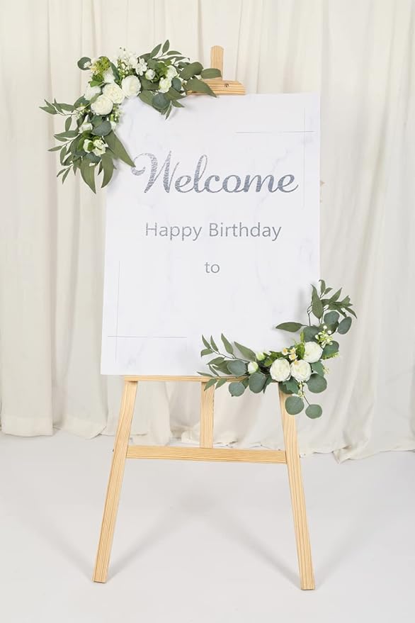 H&W 2pcs Artificial Wedding Arch Flowers for Wedding Sign, Floral Swag Dusty Decor for Reception Ceremony Backdrop(Willow Leaves-Peony-White)