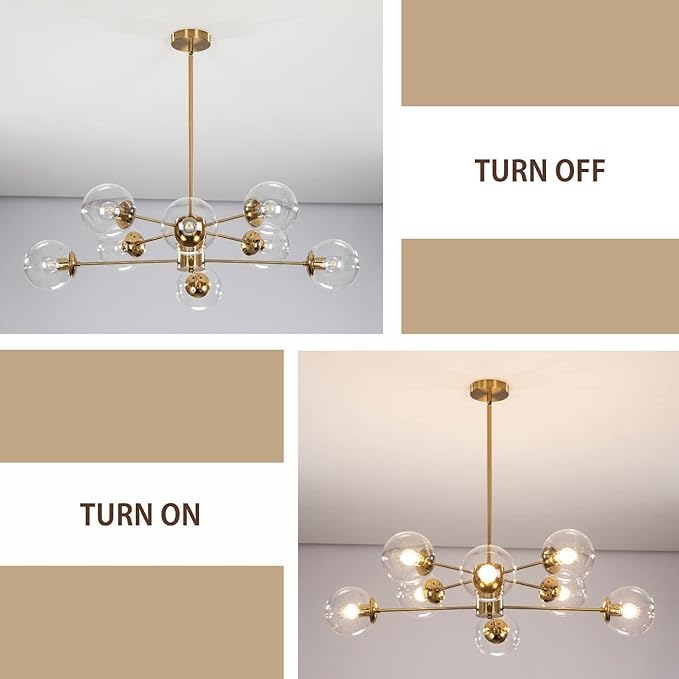 KCO Lighting Modern Sputnik Chandelier 8-Light Clear Glass Globe Ceiling Pendant Light Mid Century Brass Flush Mounted Fixture Kitchen Island (Gold+Clear)