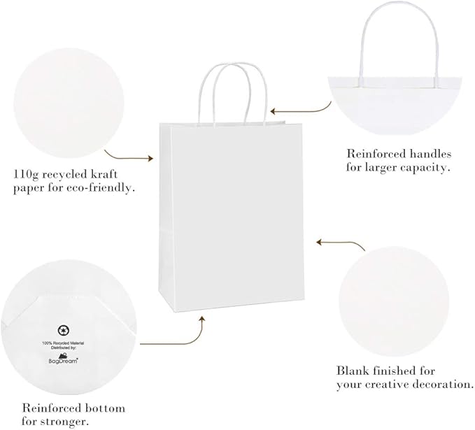 BagDream Paper Shopping Bags 10x5x13 100Pcs White Kraft Gift Bags with Handles Bulk, for Shopping, Merchandise, Retail, Party Favor, Gifts, Take-out, Recyclable Paper Sacks