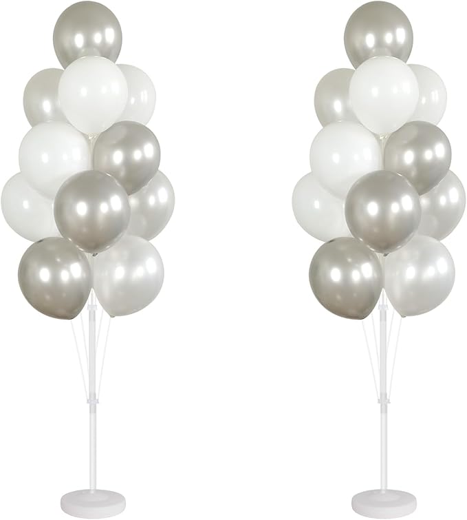 Balloon Stand Kit,Set of 2,Balloon Columns Sticks, Stands for Table&Floor with Stand, Base&Pole,Balloon Tower Backdrop Decoration for Wedding, Baby Shower, Birthday Party, or Bachelorette(Silver)