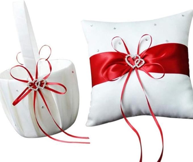 The Crafty Owl 2 Heart Rhinestones Ivory/White/Blue Trimming/Red Trimming Satin Large Wedding Ring Bearer Pillow and Basket Set (White with Red Trimming)