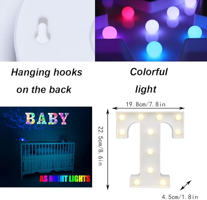 Light Up Colorful LED Marquee Letter lights, 18 Colors Changing Alphabet Letters Sign with Remote Timer for Night Light Girls Bedroom Wedding Birthday Party Lamp Christmas Home Bar Decor- Colorful T