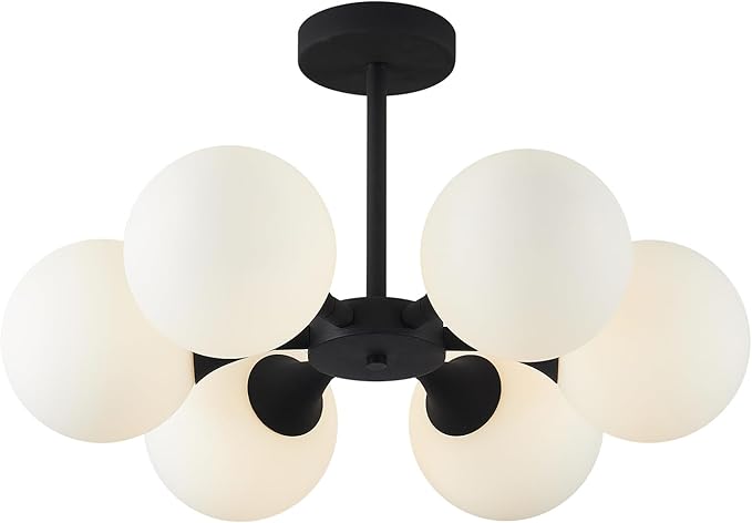 KCO Lighting 6 Lights Modern Semi Flush Mount Ceiling Light Fixture Glass Globe Sputnik Chandelier Ceiling Lighting Mid Century Black Close to Ceiling Light