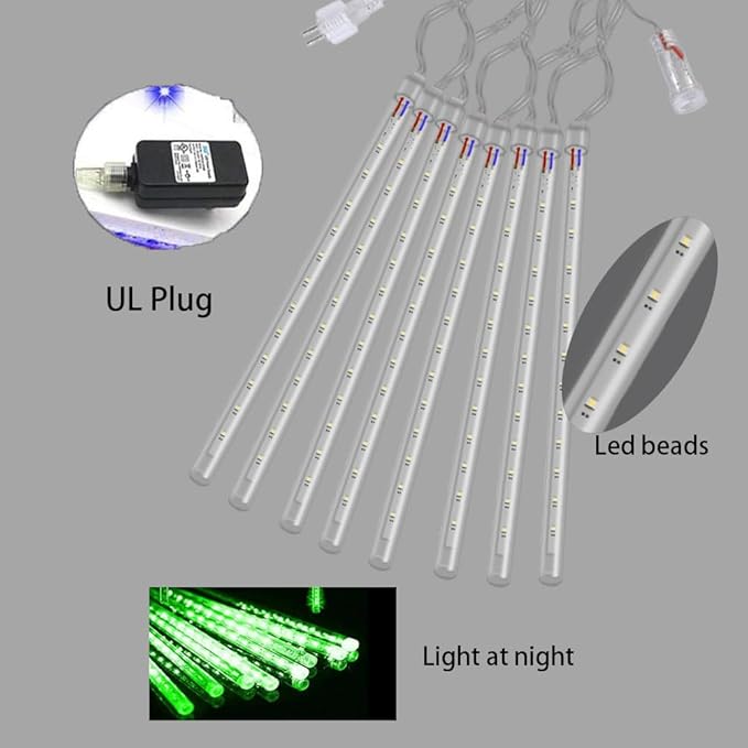 Halloween Lights Outdoor, Meteor Shower Christmas Lights for Halloween Decorations, 8 Tube 192 LED Snow Falling Rain Icicle String Light for Xmas Christmas Decor Tree Party, UL Plug Green