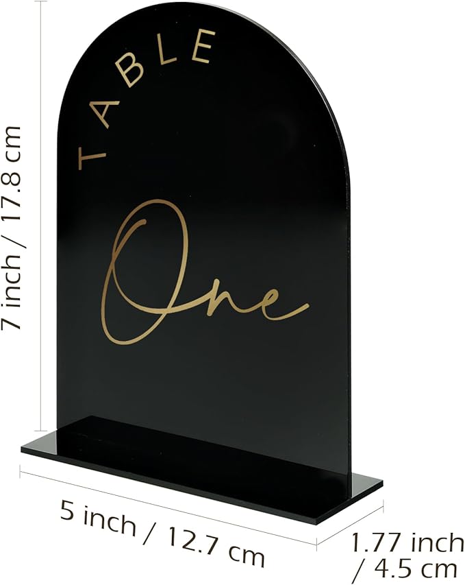 Black Arch Wedding Table Numbers 1-20 with Stands, 5x7 Inch Black Arch Acrylic Sign with Gold Letters, Acrylic Table Numbers for Wedding Reception