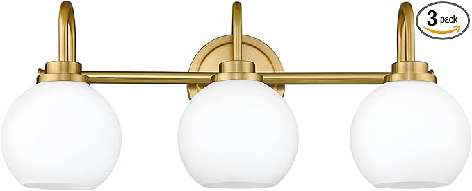Gold Bathroom Light Fixtures, 3 Light Gold Modern Bathroom Light Fixtures Over Mirror with White Milk White Globe Glass Shade for Bathroom