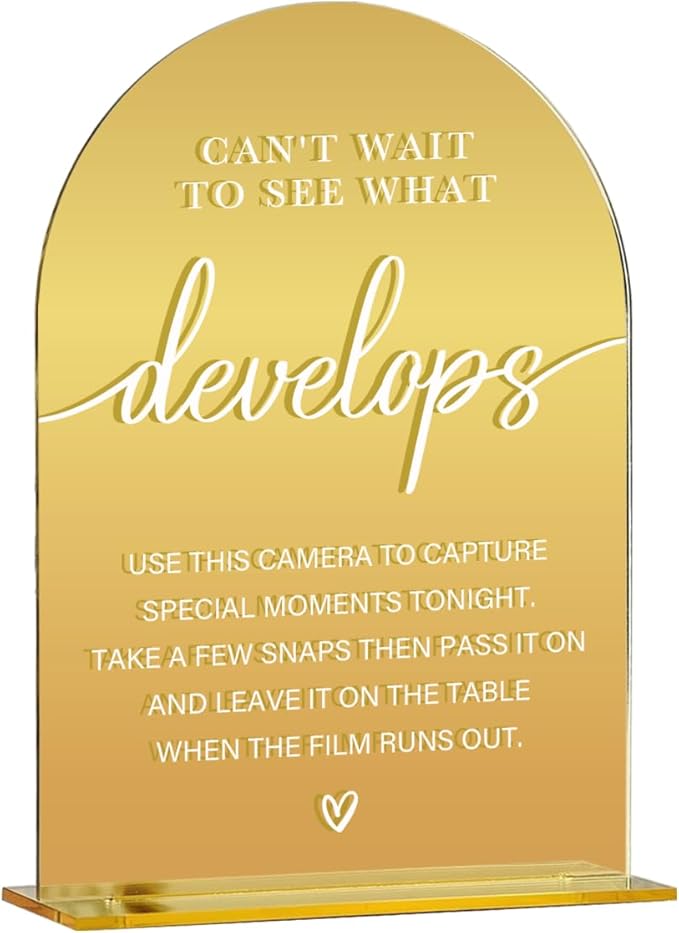 Acrylic Wedding Sign, Bridal Shower Decorations, Can't Wait to See What Develops Sign for Ceremony, Modern Font Table Signs, Gold Mirror Arched Acrylic Tabletop Signs for Wedding Reception