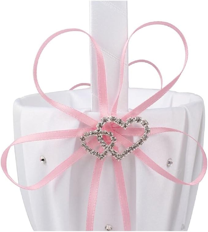 The Crafty Owl 2 Heart Rhinestones Ivort/Blue, Red, Purple, Black Trimming, Burlap,Pink Flowers or Champagne Satin Wedding Ring Bearer Pillow and Basket Set (White with Pink Trimming)