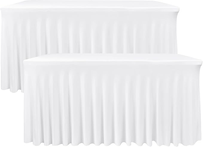 Nasitos White Table Skirt for 8 Foot Rectangle Tables, 2 Pack - 96 x 30 Inch - Stretch Spandex Fitted Table Clothes, Fabric Table Covers Cocktail Tablecloths for Party, Banquet, Birthday