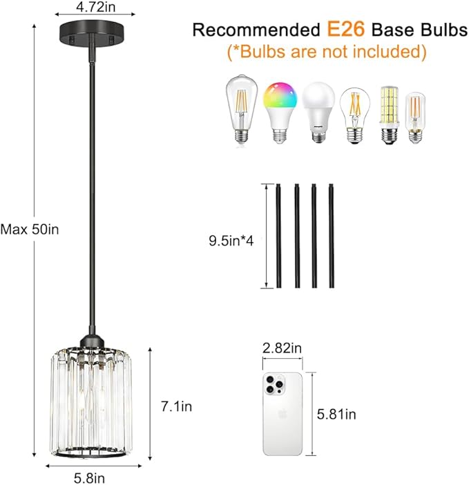 Black Kitchen Pendant Lights Over Island with Adjustable Rods - Crystal Pendant Lighting Fixtures 3 Pack, Ideal Over Dining Table or Bar, E26 Bulb Compatible, No Electrician Needed