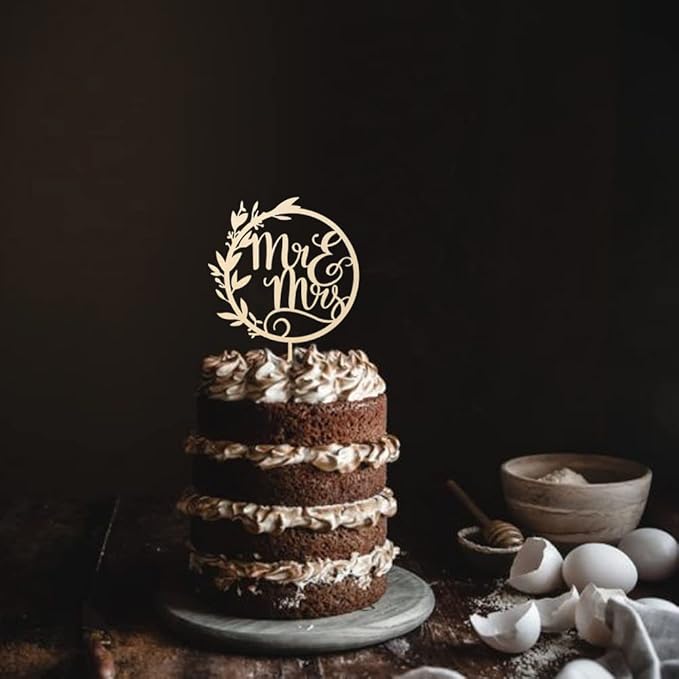 Mr & Mrs Cake Toppers - Engagement & Bridal Shower Cake Picks - Wooden Bride & Groom Decoration