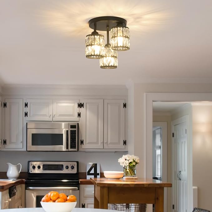 Modern Semi Flush Mount Ceiling Light, 3-Light Black Crystal Close to Ceiling Light Fixtures, Kitchen Light Fixtures with Clear Crystal Shade, Hallway Light Fixtures for Porch Bedroom Bathroom