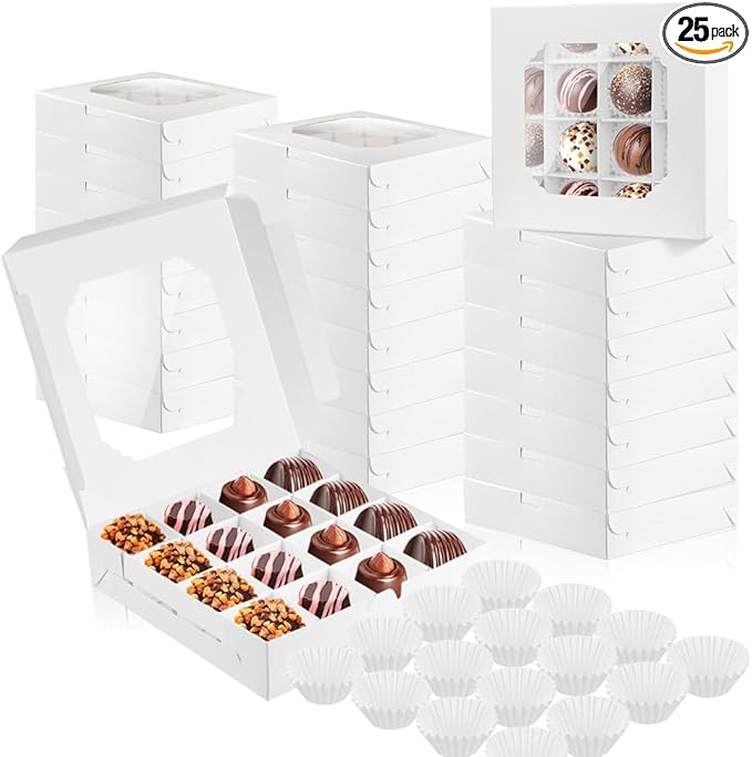 25 Pack White Bakery Boxes, Sweet Boxes with Windows and Divider, 16-Compartments Dessert Box for Chocolate Sweet Assortment