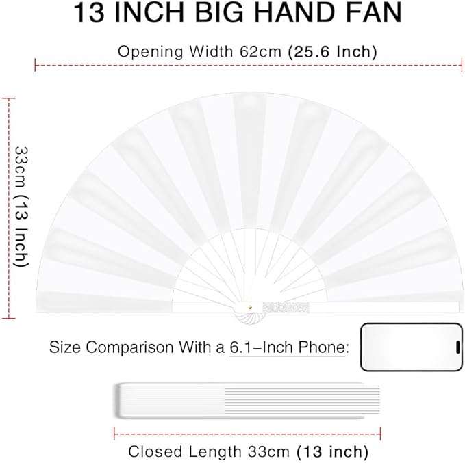 13" Large Folding Rave Fan with Holster, Clack Hand Fans Foldable for Line Dancing, Boots On The Ground Fan for Women Men Festival EDM Party Decoration, White 2 Pack
