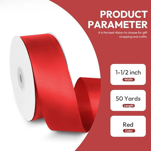1-1/2" x 50 Yards Satin Ribbon - Red Silk Ribbon with Spool - Ideal for Gift Wrapping, Floral Bouquets, Crafts, Wedding Party Decorations, Christmas and Sewing Projects