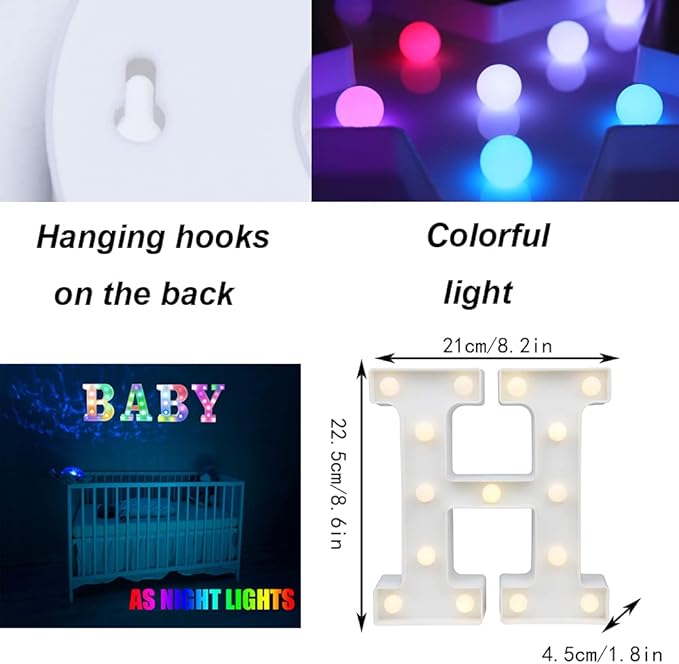 Light Up Colorful LED Marquee Letter lights, 18 Colors Changing Alphabet Letters Sign with Remote Timer for Night Light Girls Bedroom Wedding Birthday Party Lamp Christmas Home Bar Decor- Colorful H