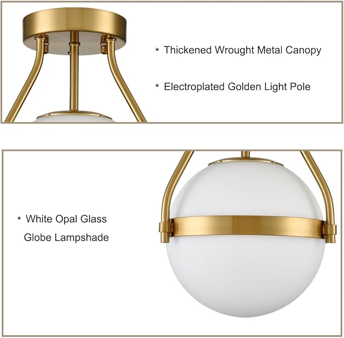 HOLKIRT Modern Semi Flush Mount Light, Mid Century Style 7Inch/18CM Brass Globe Ceiling Light with Opal Glass for Kitchen, Hallway, Bedroom