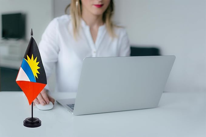 WXTWK 2 Pack Antigua and Barbuda Flag Antigua and Barbuda Deluxe Desk Flag Set - Mini Small Antigua and Barbuda Table Office Flags with Black 12" Solid Pole Stand Base Classroom Meeting Desktop Decorations