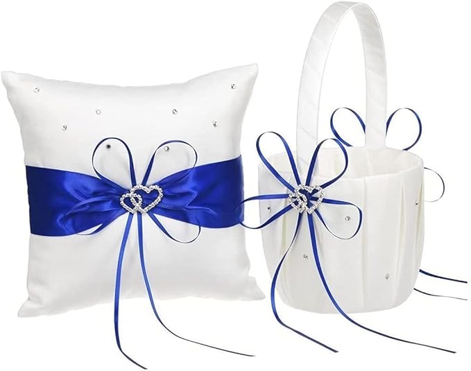 The Crafty Owl 2 Heart Rhinestones Ivory/White/Blue Trimming/Red Trimming Satin Large Wedding Ring Bearer Pillow and Basket Set (White with Blue Trimming)