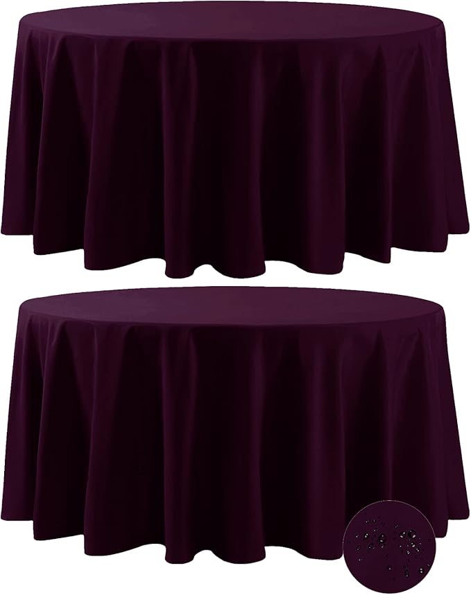 Fokitut 2 Pack Waterproof Round Tablecloth, 120 Inch, Stain Resistant and Wrinkle Polyester Table Cloth, Fabric Table Cover for Kitchen Dining, Wedding, Party, Holiday Dinner-Eggplant