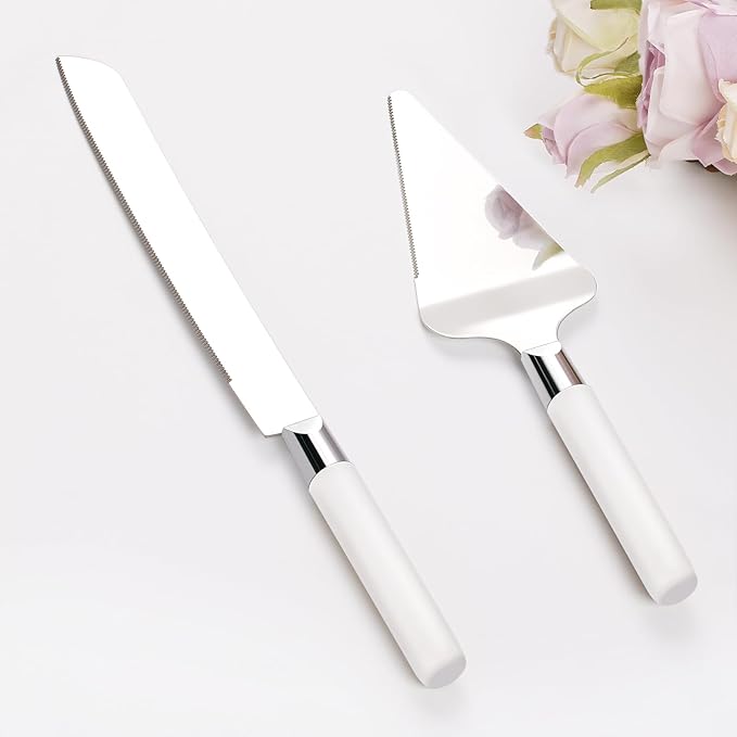 Cake Cutting Set for Wedding, Wood Cake Knife and Server Set, Vintage 2-Piece Pie Cake Cutter, White Pizza Dessert Utensils Bridal Anniversary Birthday Quinceañera Gift (White)