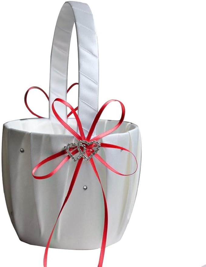 The Crafty Owl 2 Heart Rhinestones Ivory/White/Blue Trimming/Red Trimming Satin Large Wedding Ring Bearer Pillow and Basket Set (White with Red Trimming)