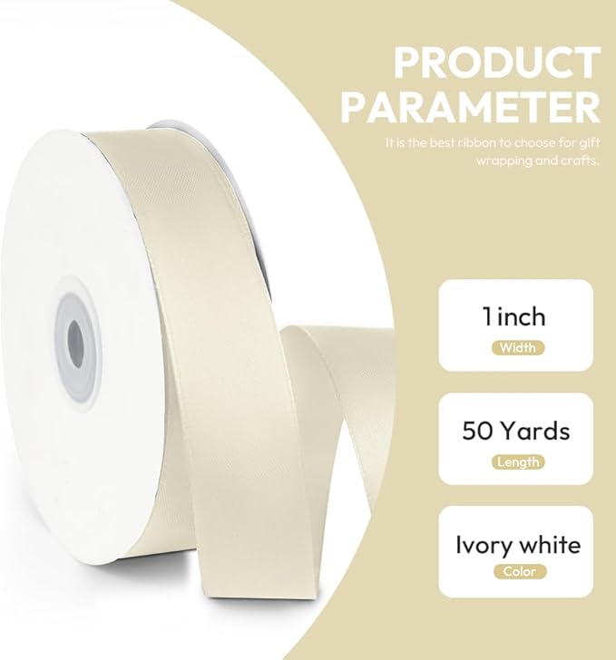 1" x 50 Yards Satin Ribbon - Ivory Silk Ribbon with Spool - Ideal for Gift Wrapping, Floral Bouquets, Crafts, Wedding Party Decorations, Christmas and Sewing Projects