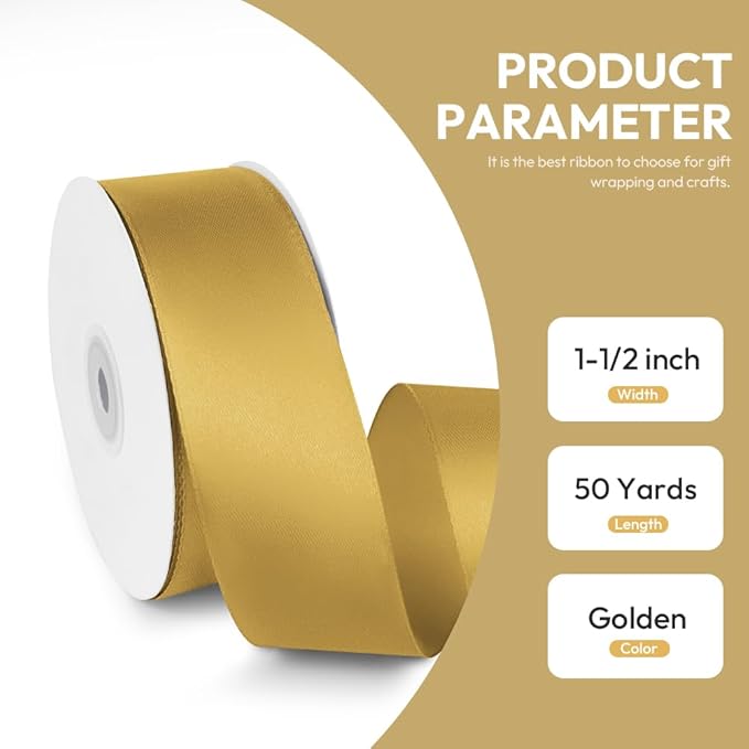 1-1/2" x 50 Yards Satin Ribbon - Gold Silk Ribbon with Spool - Ideal for Gift Wrapping, Floral Bouquets, Crafts, Wedding Party Decorations, Christmas and Sewing Projects