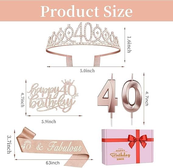 40th Birthday Decorations for Women, Including Crown/Tiara, Sash, Cake Topper and Candles, 40th Birthday Gifts Women