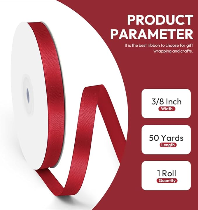 3/8" x 50 Yards Satin Ribbon - Burgundy Silk Ribbon with Spool - Ideal for Gift Wrapping, Floral Bouquets, Crafts, Wedding Party Decorations, Christmas and Sewing Projects