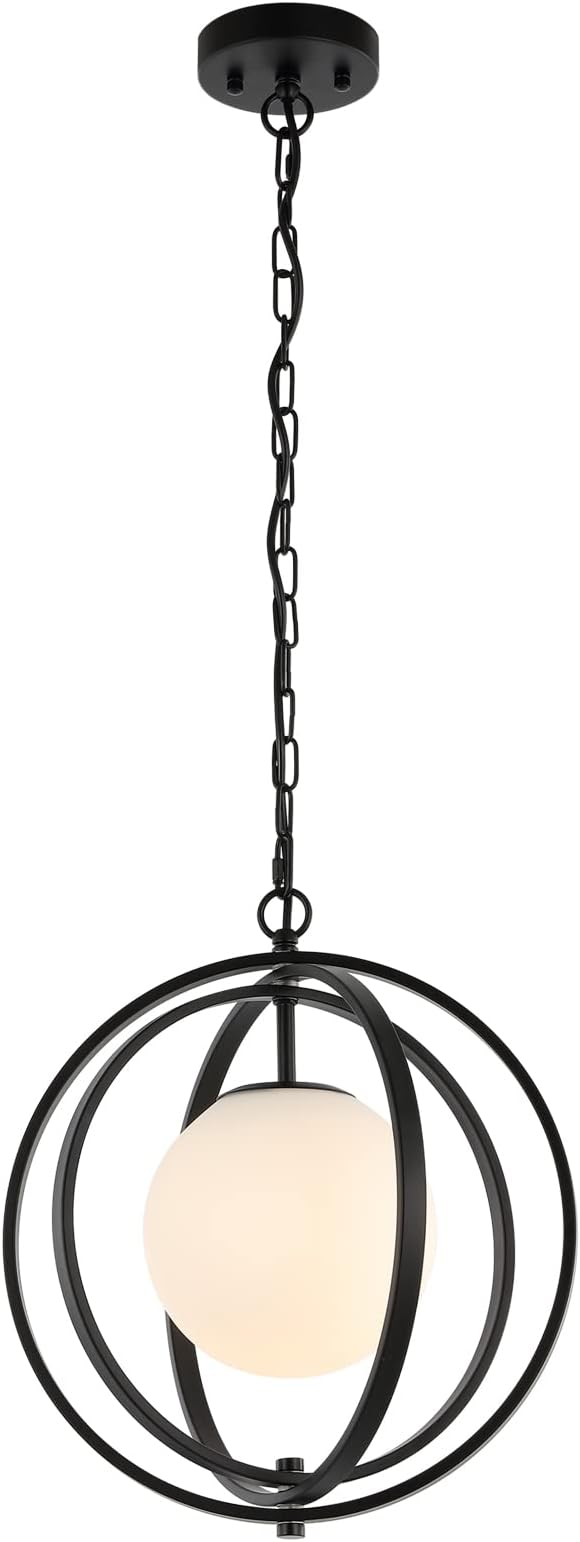 Black Orb Chandelier 1 Light Globe Pendant Light Fixtures White Globe Glass Shade Hanging Ceiling Light for Dining & Living Room, Bedroom, Foyer and Kitchen Island
