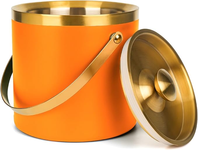3L Double Wall Insulated Stainless Steel Ice Bucket with Strainer for Cocktail Bar,Metal Ice Bucket for freezer with Lid for parties.ice Container to Keep Ice Colder,bar cart accessories(Orange)