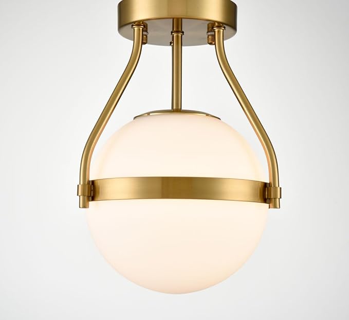 HOLKIRT Modern Semi Flush Mount Light, Mid Century Style 7Inch/18CM Brass Globe Ceiling Light with Opal Glass for Kitchen, Hallway, Bedroom