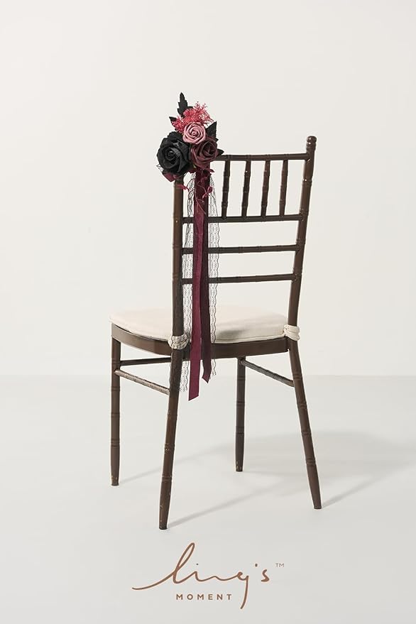 Ling's Moment 8 Wedding Artificial Aisle Pew Flowers Chair Decorations Arrangements with Chiffon Ribbons Black Burgundy for Ceremony Chair Back Floral Decor Reception Church Rose Party Outdoor