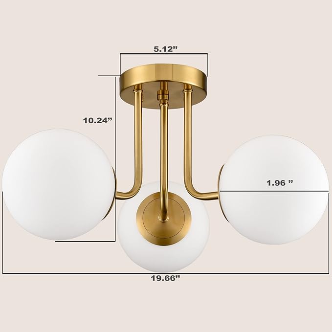 Modern Brass Gold 3-Light Ceiling Light with Globe White Glass Shade Semi Flush Mount Ceiling Light for Living Room Hallway Sputnik Chandelier Lighting Fixture