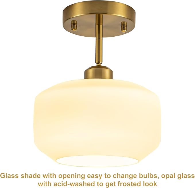 Tbaoinal semi Flush Mount Ceiling Light Fixture Adjustable Hanging Brass Gold Light Fixture 8.66" Modern Frosted Opal Milk Glass Shade Sloped Ceiling Adaptable for Hallway Light fixtures Entryway