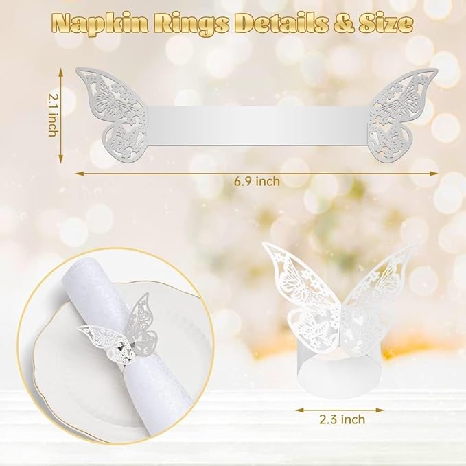 100 Pcs Napkin Rings Laser Cut Butterfly Shape Foil Paper Napkin Holder for Weddings Party Serviette Table Decoration Restaurant (Silver)
