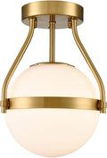 HOLKIRT Modern Semi Flush Mount Light, Mid Century Style 7Inch/18CM Brass Globe Ceiling Light with Opal Glass for Kitchen, Hallway, Bedroom