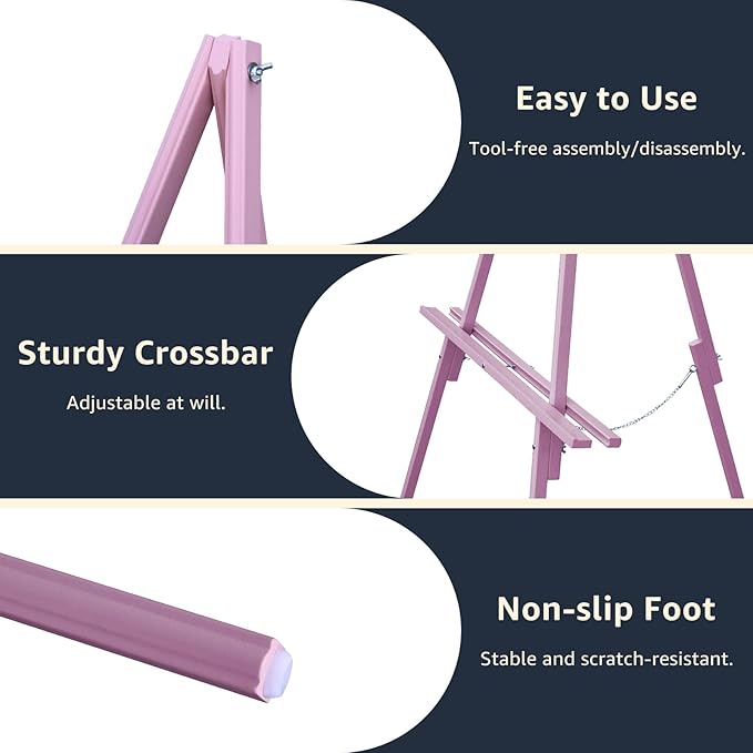 NianFeng Wooden Easel Stand for Sign, Easel Display Stand Floor for Wedding Sign with Adjustable Tray, 63-Inch, Tripod A-Frame Poster Light Duty, Welcome, Art Show & Baby Shower (Pink)