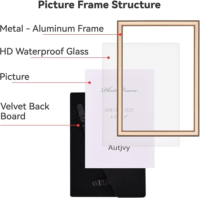 5x7 Picture Frame Set of 2, Gold - Brushed Brass Modern Simple Thin Aluminum Metal Photo Frame with HD Real Glass, Display for Tabletop and Wall Collage, 2 Pack
