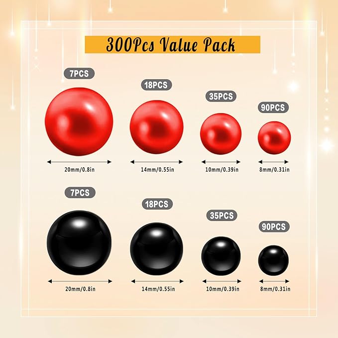 300Pcs Pearl Vase Filler, Red Black No Hole Faux Pearl Beads for Centerpieces Vases, Candle Centerpieces, Wedding Birthday Party Home Decor 8/10/14/20mm