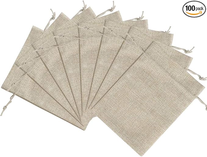 Lucky Monet 25/50/100PCS Burlap Gift Bags Wedding Hessian Jute Bags Linen Jewelry Pouches with Drawstring for Birthday, Party, Wedding Favors, Present, Art and DIY Craft (100Pcs, Cream, 3” x 4”)