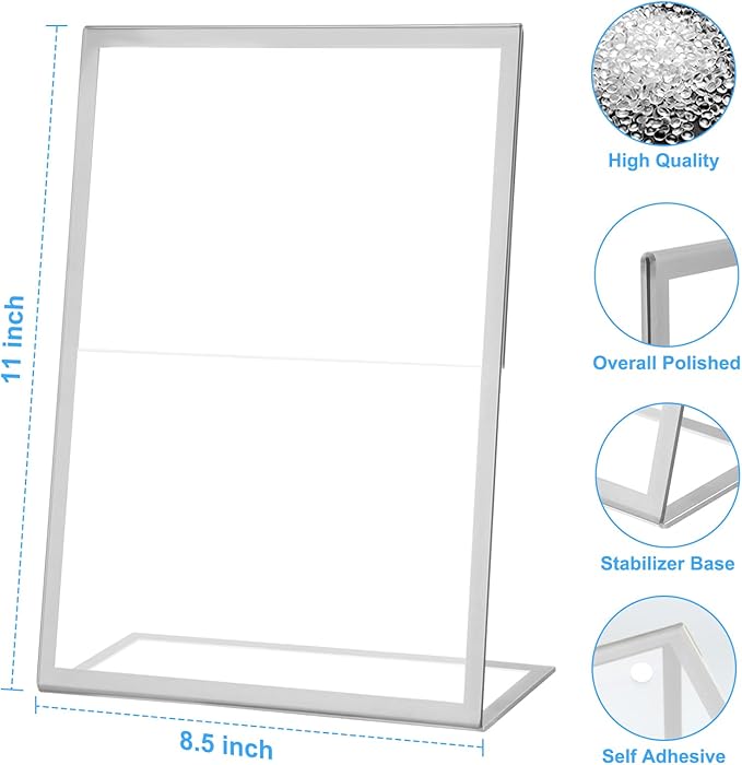 EHWINE 12 Pack Acrylic Sign Holder 8.5 x 11, Silver Picture Frame Stand up Table Top Sign Holders, Slanted Back Paper Holder Clear Display Stand Menu Flyer Holder for Wedding Party