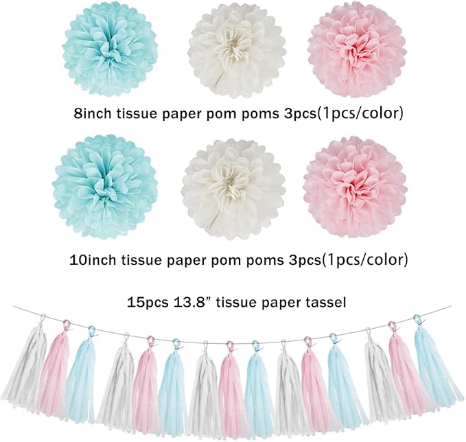 Gender Reveal Decorations Blue Pink - 23pcs Tissue Paper Flowers Pom Poms Banner Tassel Garland Streamers Baby Gender Reveal Theme Decor White Birthday Hanging Decor Ideas Supplies