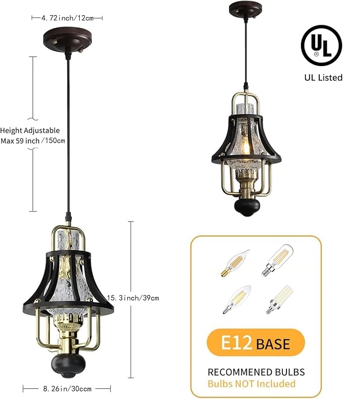 Farmhouse Chandelier Modern Hanging Light, Vintage Rustic Pendant Lights Fixture, Crackle Glass Shade, Wood & Metal Cage Base for Living Room Dining Room Foyer Kitchen Island Bedroom