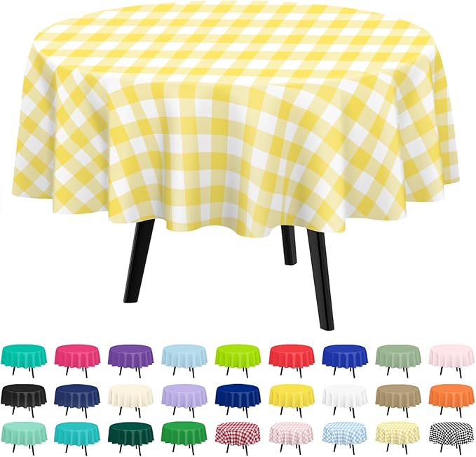 QIKSION Yellow Gingham Round Tablecloth 6 Pack, 84 Inch Plastic Checkered Table Cover Disposable for Parties